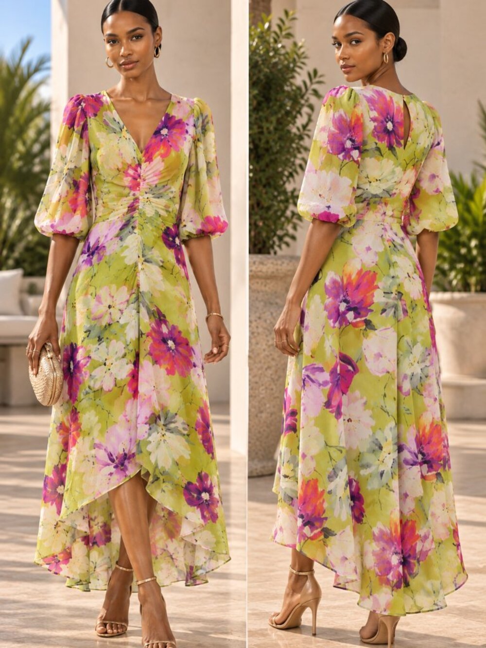 Zarr Collection Floral Satin Midi Dress Ruched Puff Sleeve High Low Size 2 NWOT
